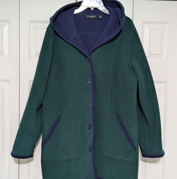 Pendleton Jackets & Blazers - Susan Graver Dark Green/Navy Bonded Polar Fleece (Pea coat Style) Coat W/ Hood